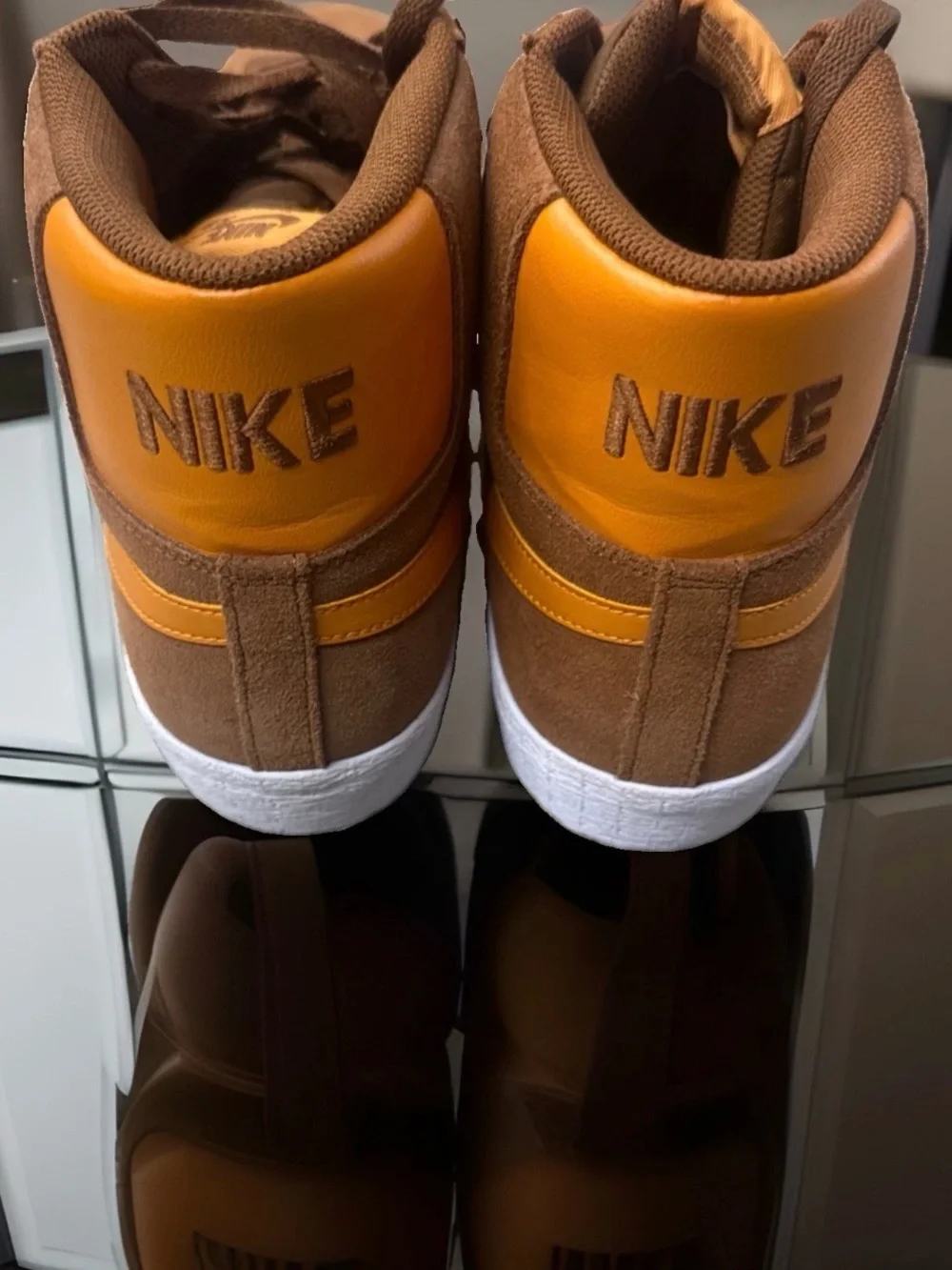 Nike Men’s Brown Suede High-Top Sneakers with Yellow-Orange Swoosh